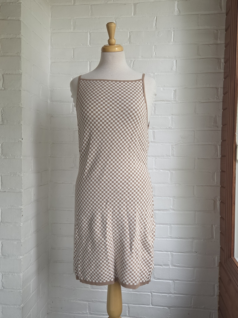 Abercrombie & Fitch Tan Cream Checkered Knit Dress Square Neck Sleeveless XL